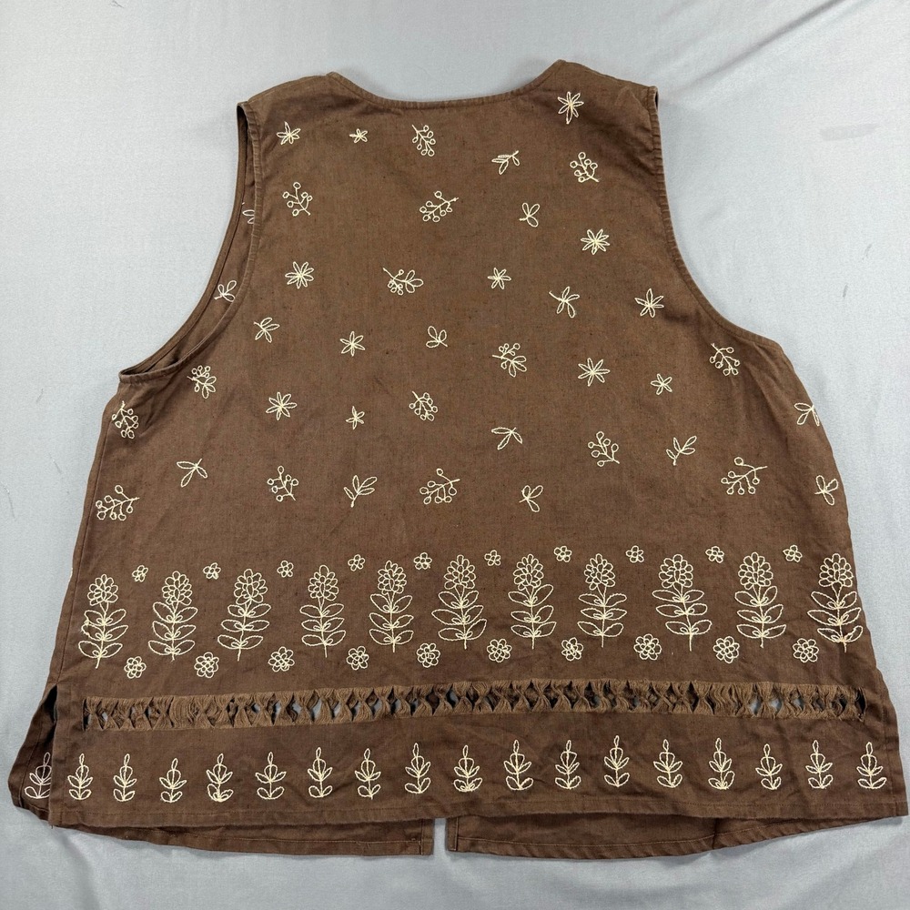 David Dart Woman Linen Embroidered Brown Vest 1X Boho Cottagecore - Picture 3 of 9